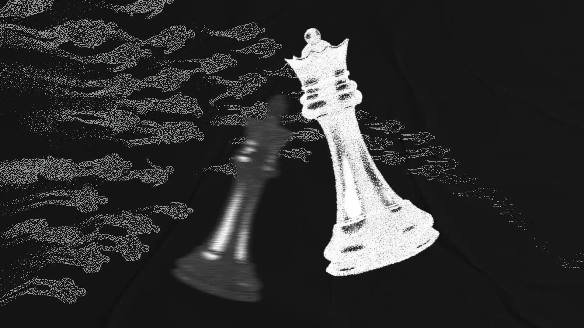 Black-and-white stippled illustration of a white chess queen toppling a dark king, with a crowd of figures — brand strategy and market positioning.