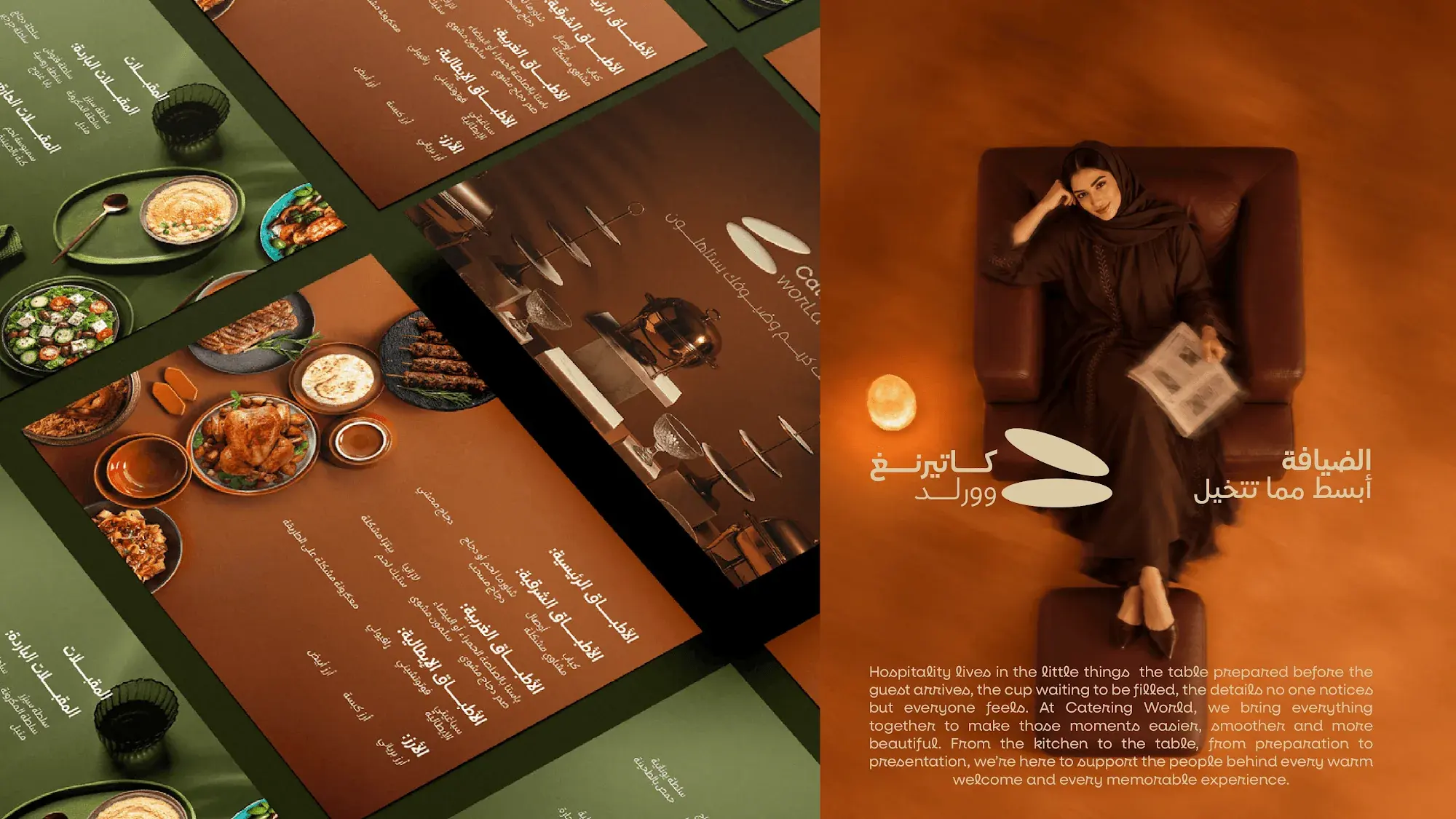 Menu layouts and a portrait in an orange chair