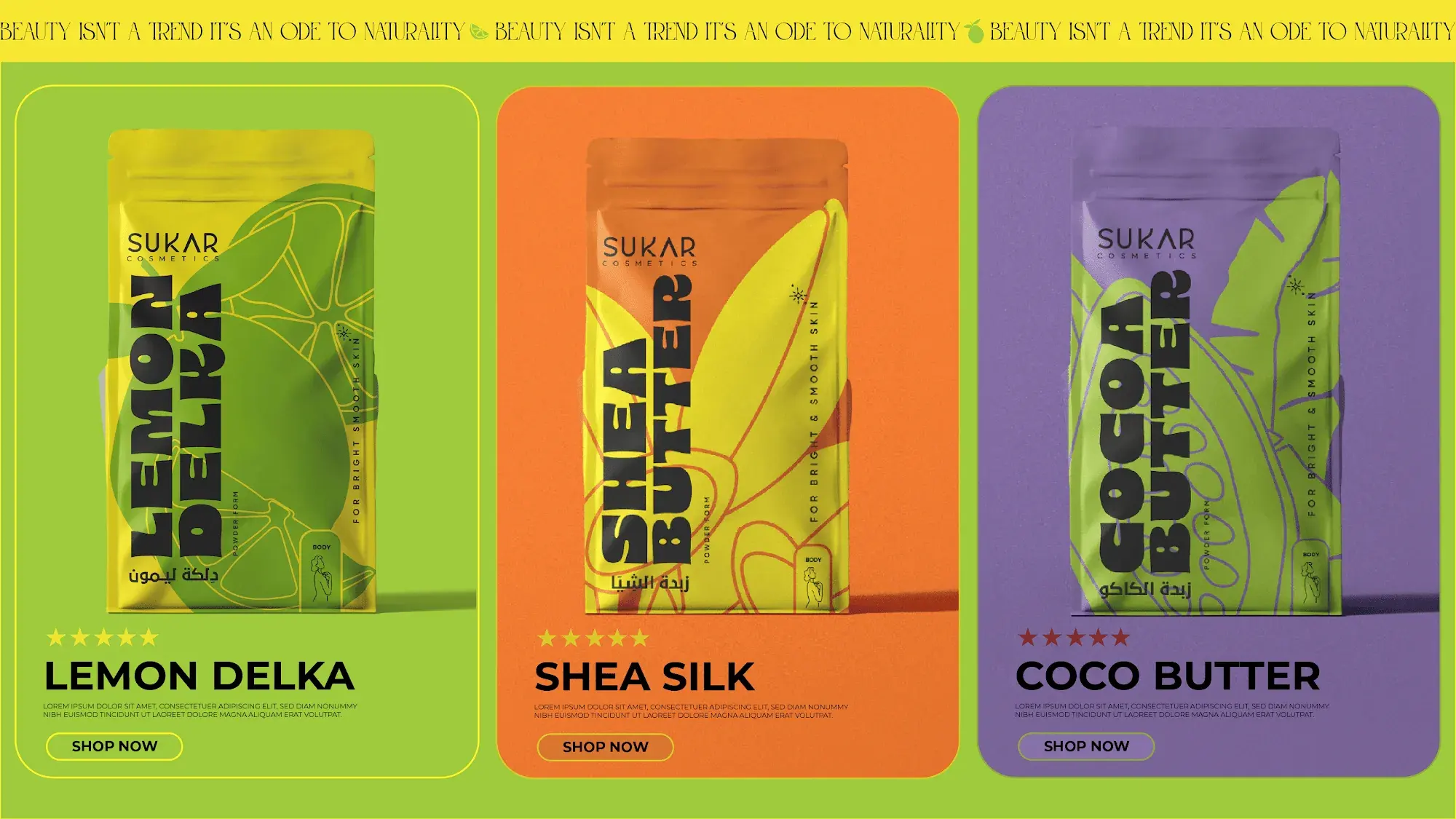 Three Sukar pouches: Lemon Delka, Shea Butter, and Coco Butter